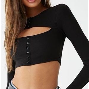 Black Long Sleeve Cutout Crop Top